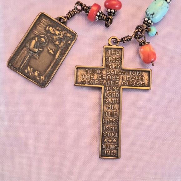 Handcrafted Artisan Turquoise and Coral St Francis Tenner Rosary Ginny Wolf - Picture 4 of 12